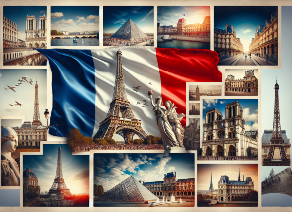 Collage of Paris landmarks with the French flag: Eiffel Tower, Louvre Pyramid, Notre-Dame, Arc de Triomphe, and more.