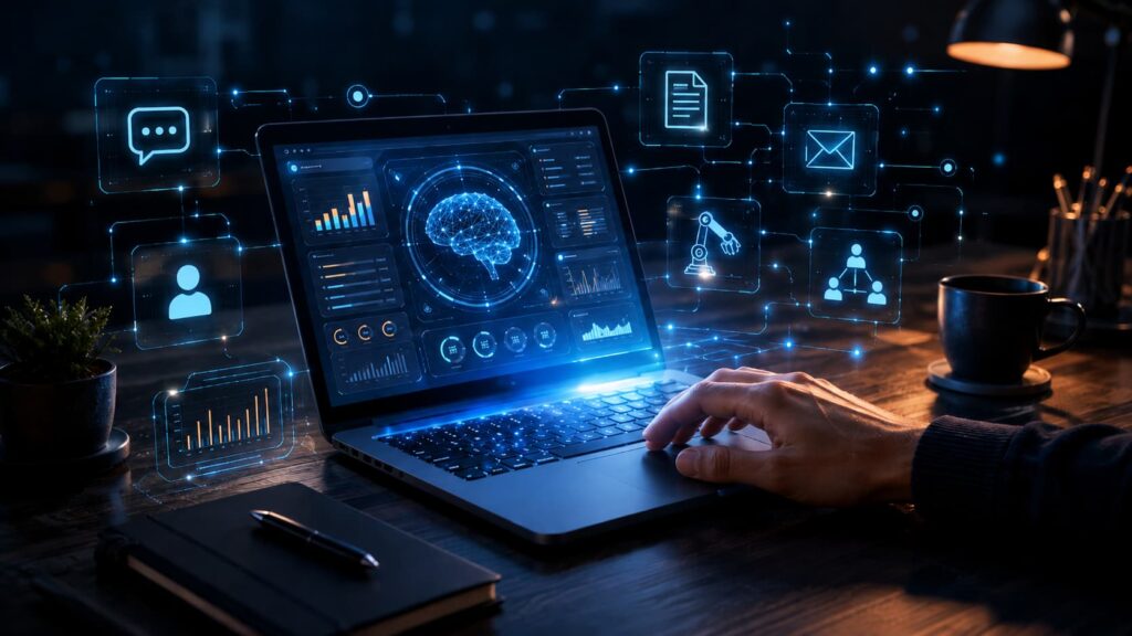 Laptop with holographic AI and data analytics icons projecting around the screen, depicting futuristic data analysis.