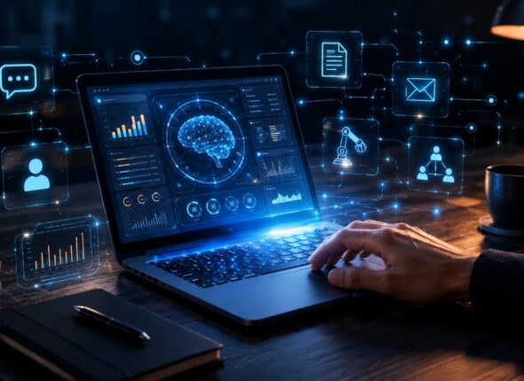 Laptop with holographic AI and data analytics icons projecting around the screen, depicting futuristic data analysis.
