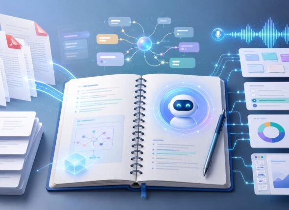 Open notebook with a glowing AI avatar in the center, surrounded by floating data cards, charts, and digital interfaces for AI-assisted learning or note-taking.