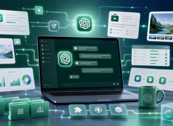 Futuristic laptop surrounded by interconnected UI cards and icons representing a digital workflow and analytics dashboard.