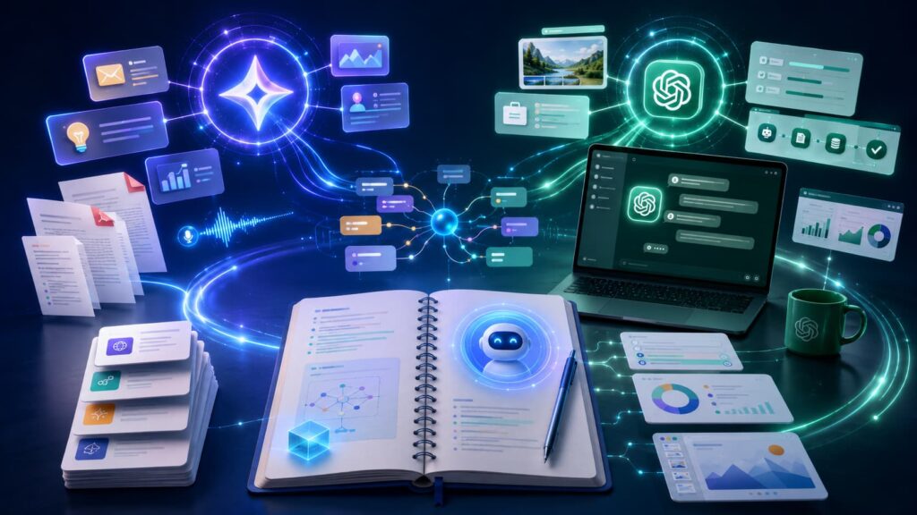 Futuristic study desk with an open notebook, laptop, and holographic data nodes connected by neon circuits around a central AI icon (robot face).
