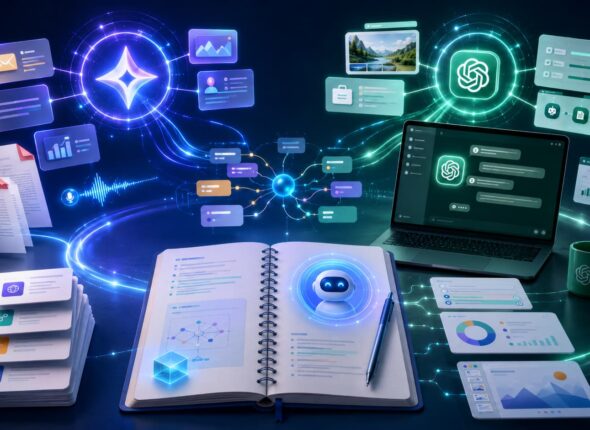 Futuristic study desk with an open notebook, laptop, and holographic data nodes connected by neon circuits around a central AI icon (robot face).