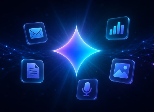 Neon blue starburst center with floating app icons (email, charts, document, image, microphone) around it, representing an AI assistant.