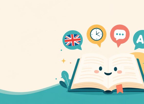 Cartoon open book with a smiling face, colorful learning icons above it (UK flag, clock, chat bubble, A1).